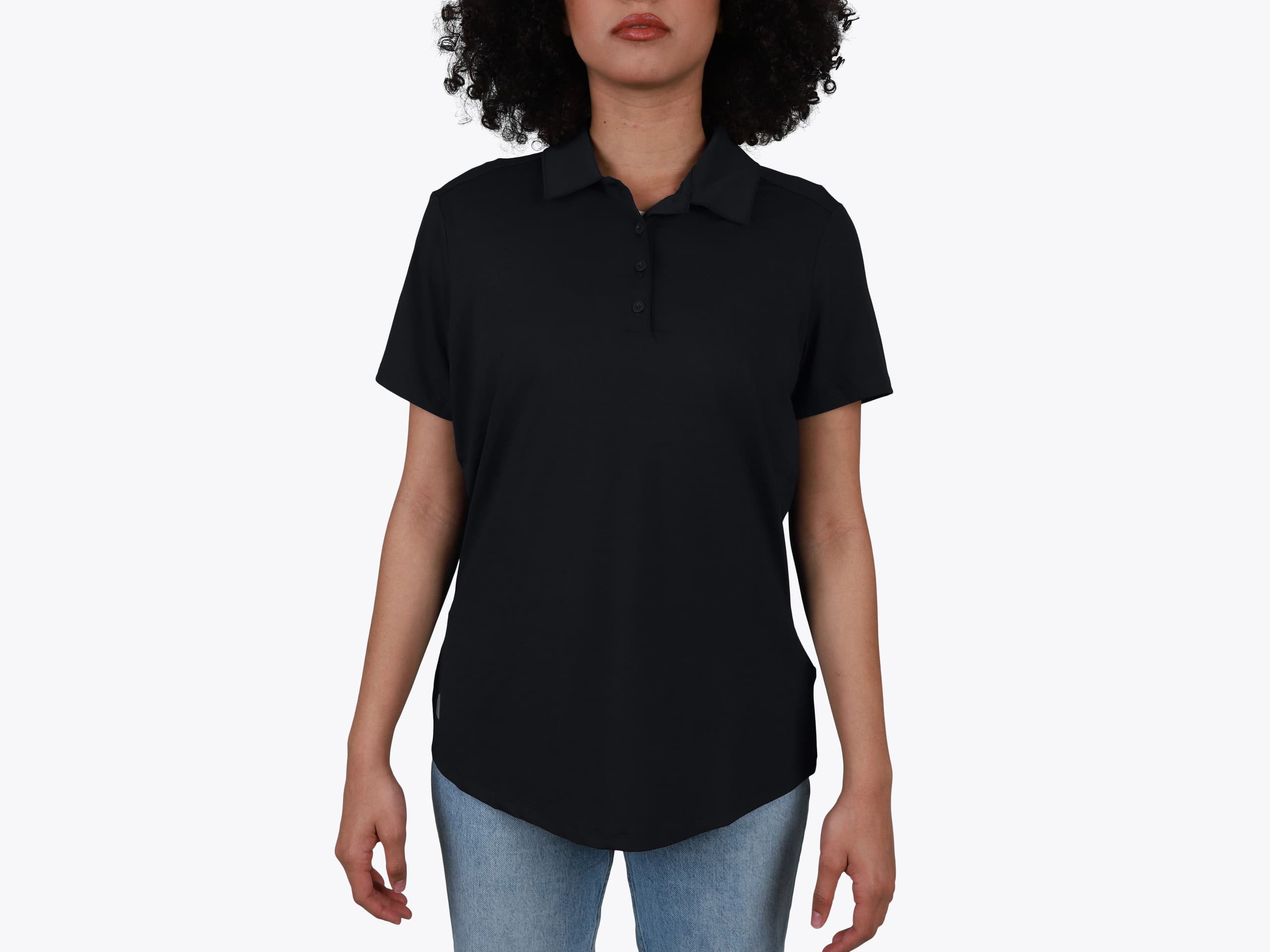 Adidas A515 Women's Ultimate Solid Polo in Black (model:female, size:small, view:front)