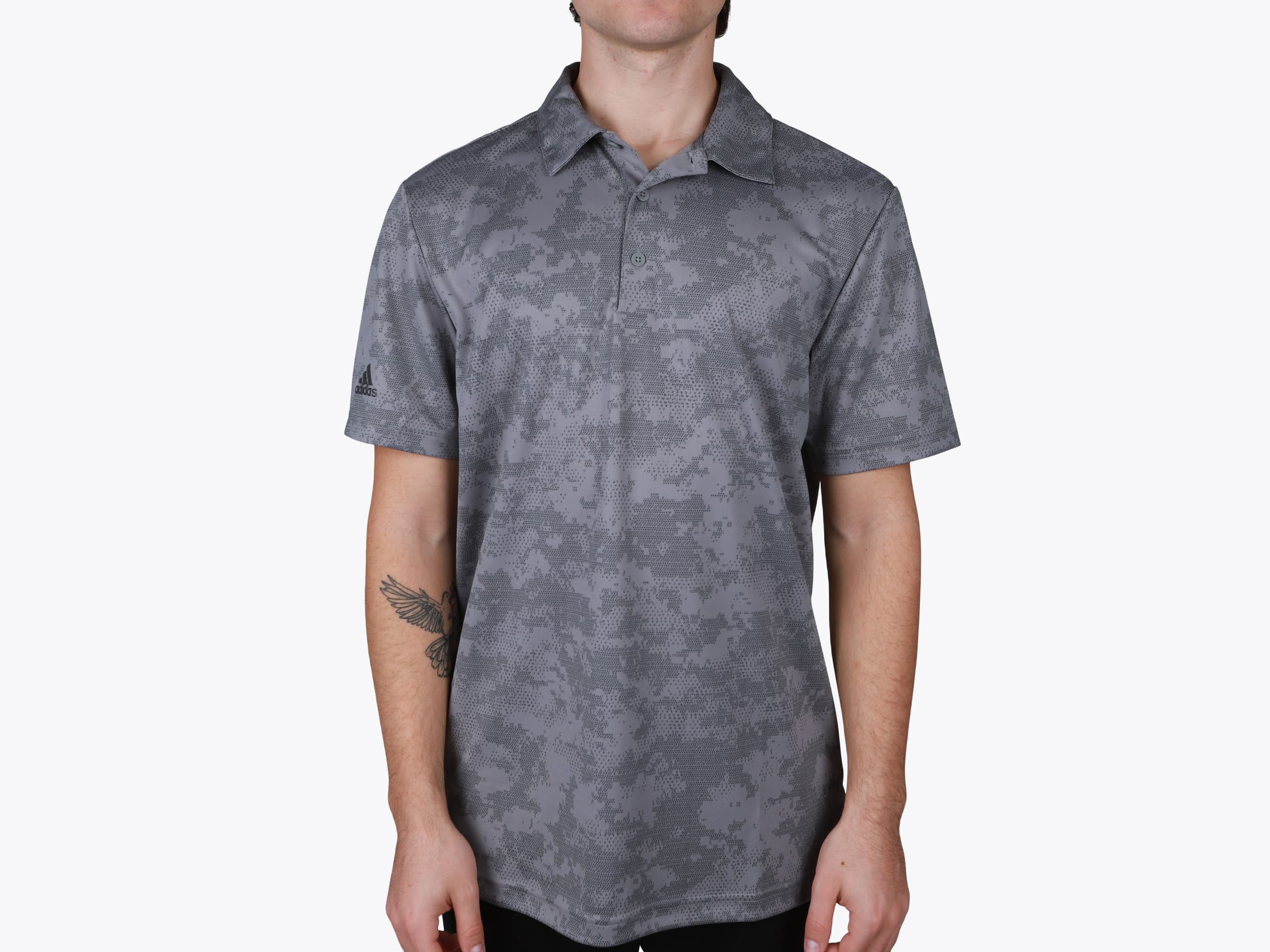 Adidas A550 Camo Polo in Grey Three (model:male, size:medium, view:front)