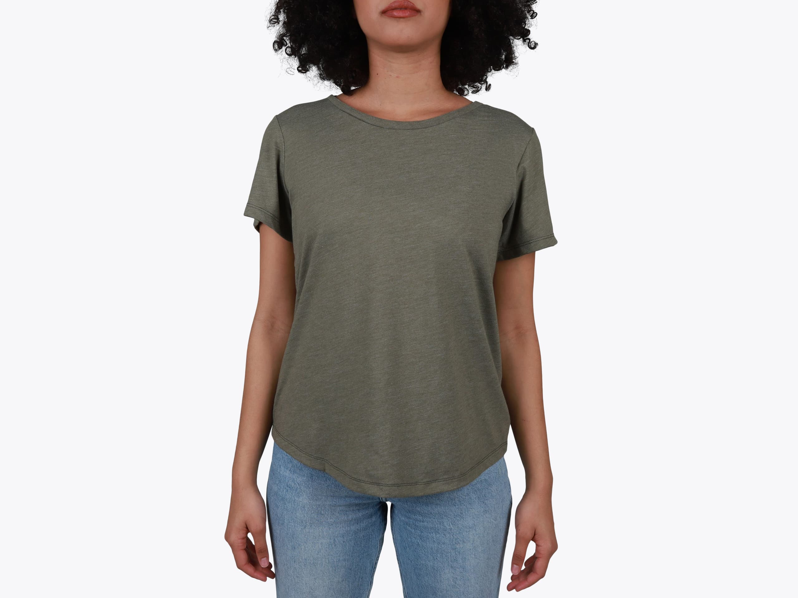 Allmade AL2015 Women’s Relaxed Tri-Blend Scoop Neck Tee in Olive You Green (model:female, size:medium, view:front)