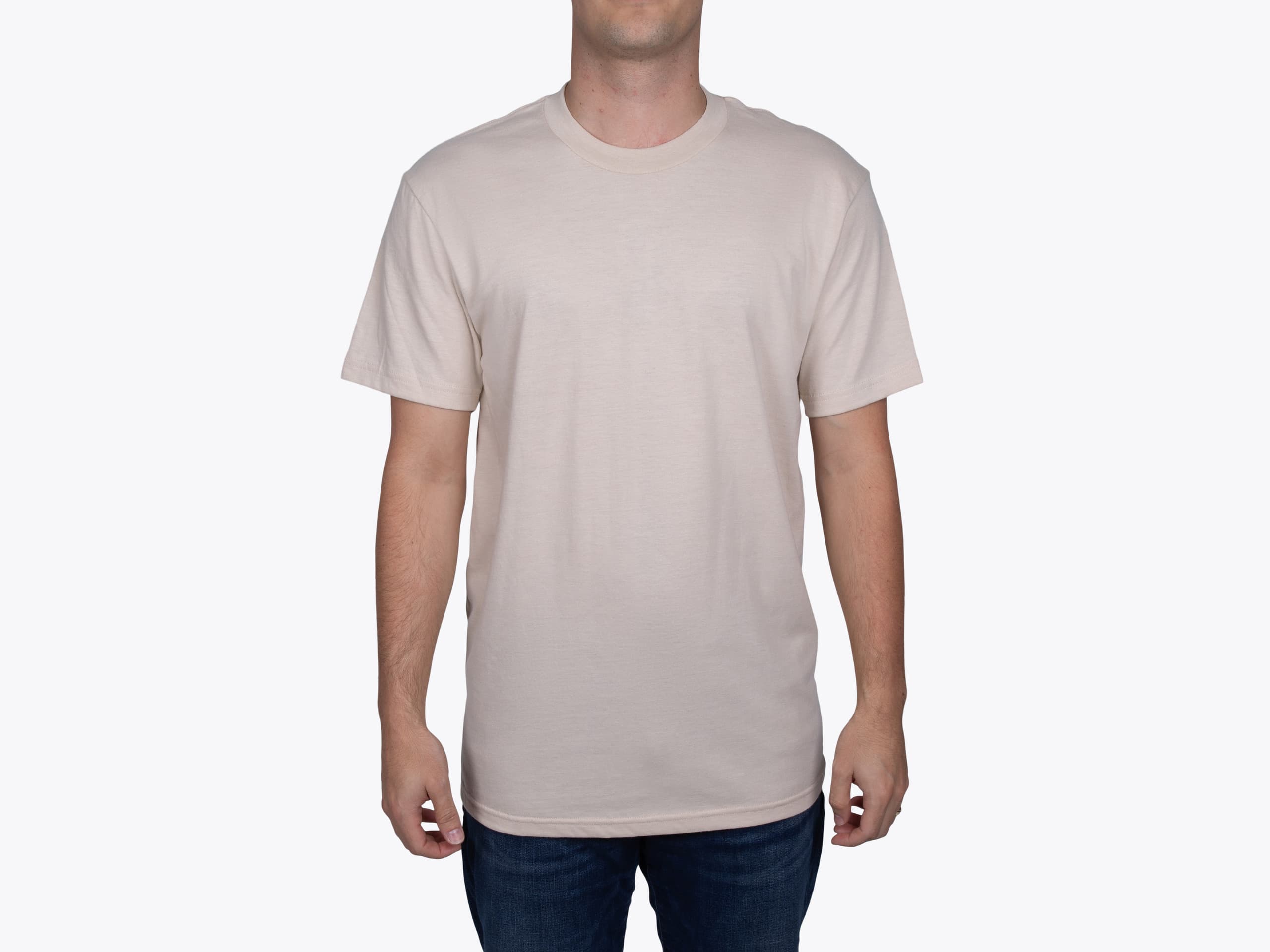American Apparel 2001CVC CVC Unisex T-Shirt in Heather Bone (model:male, size:medium, view:front)