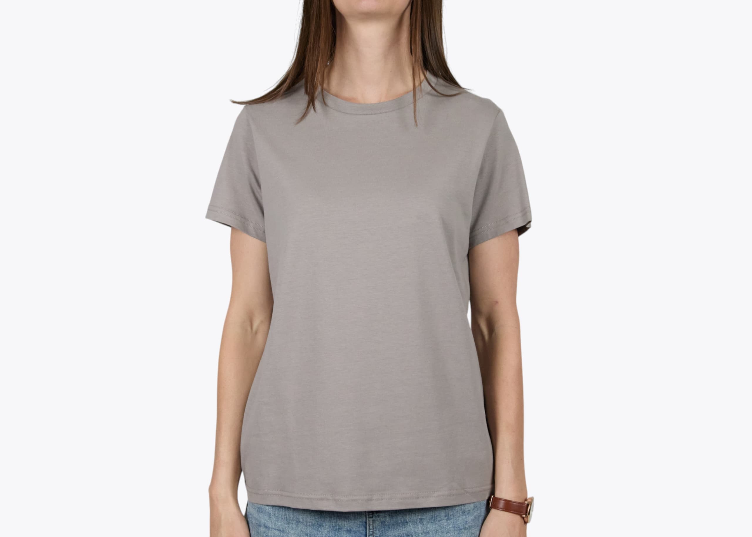 AS Colour 4001 Women's Maple Tee in Mushroom (model:female, size:small, view:front)