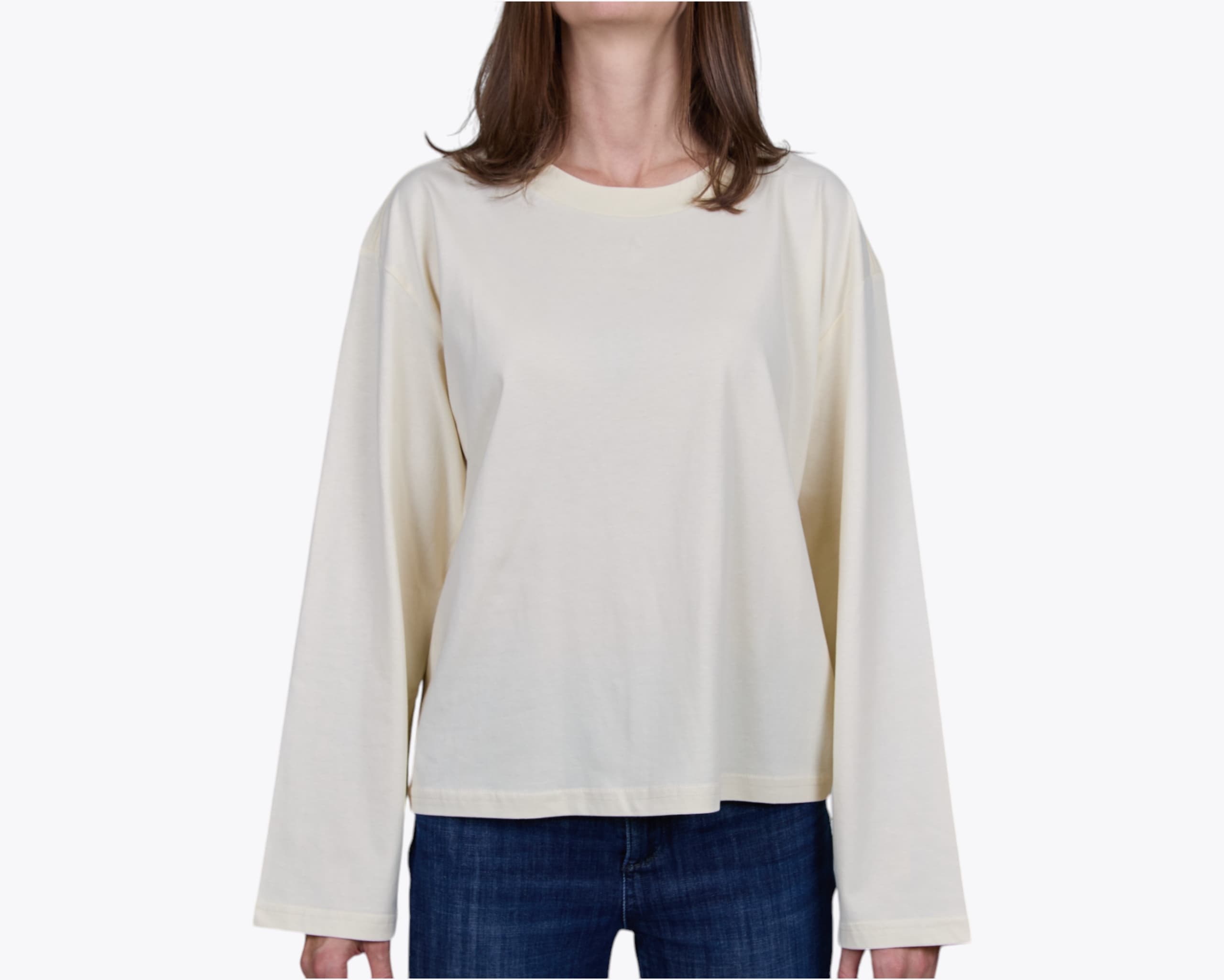 AS Colour 4071 Women's Martina Long Sleeve Tee in Butter (model:female, size:small, view:front)