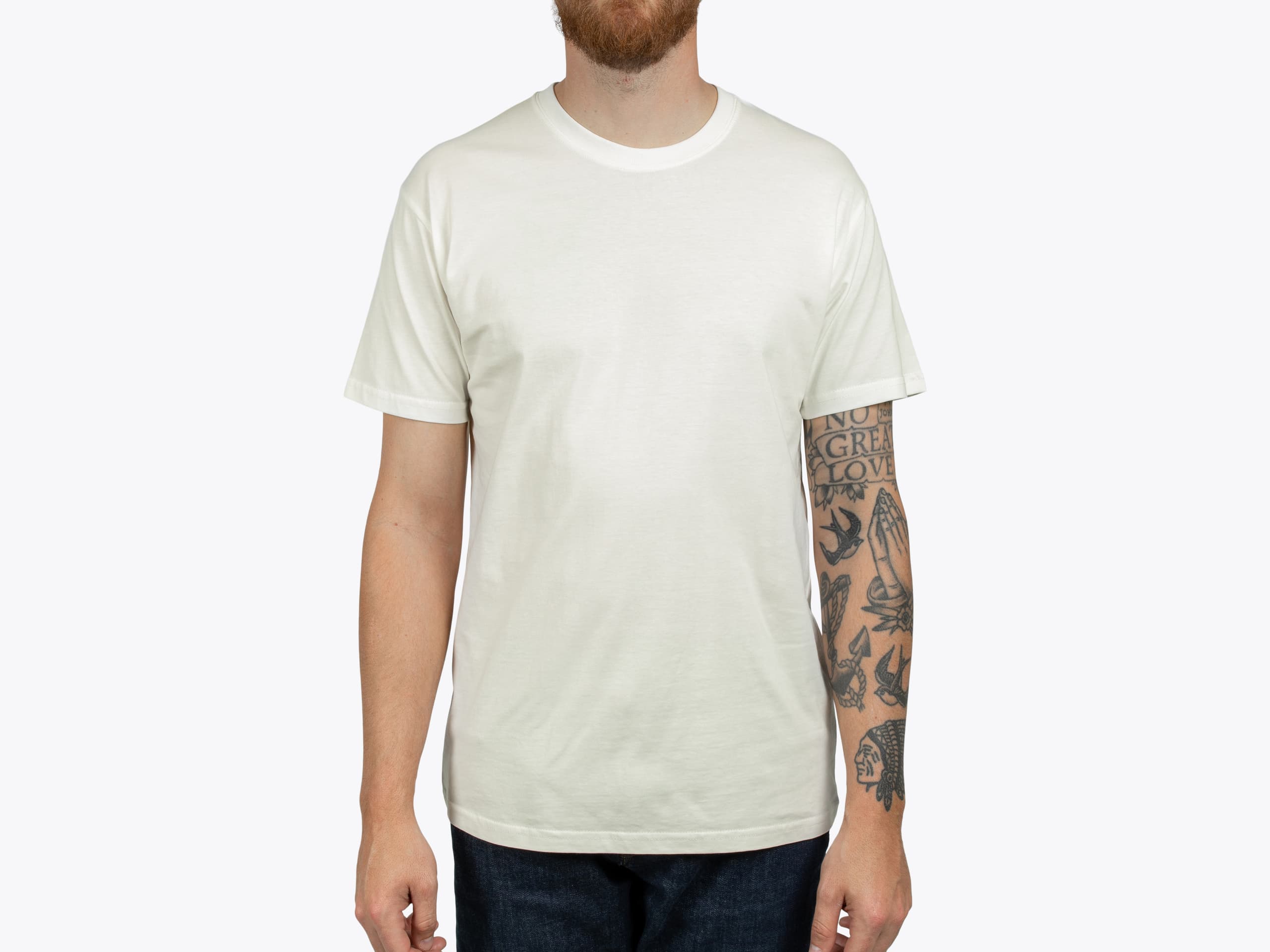 AS Colour 5001G Staple Organic Tee in Natural (model:male, size:medium, view:front)