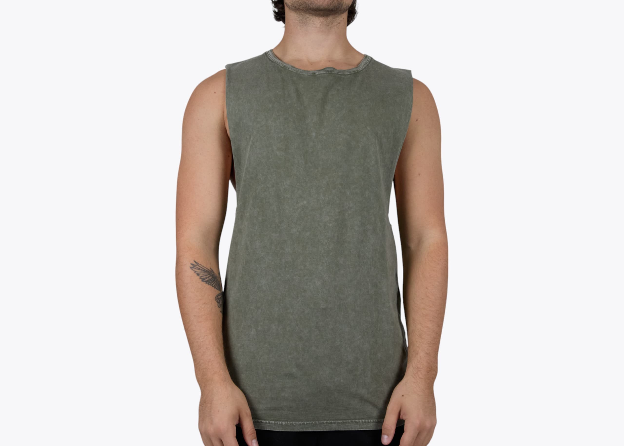 AS Colour 5039 Stone Wash Barnard Tank in Moss Stone (model:male, size:medium, view:front)