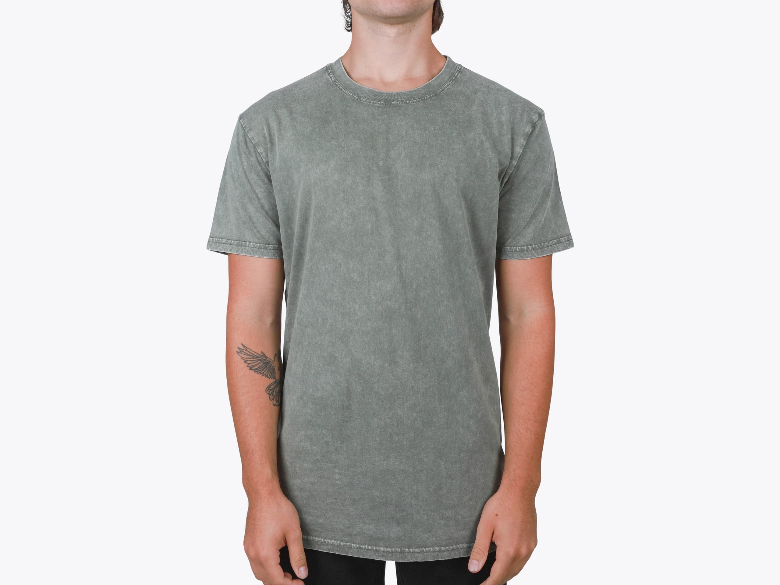 AS Colour 5040 Stone Wash Staple Tee in Moss Stone (model:male, size:medium, view:front)