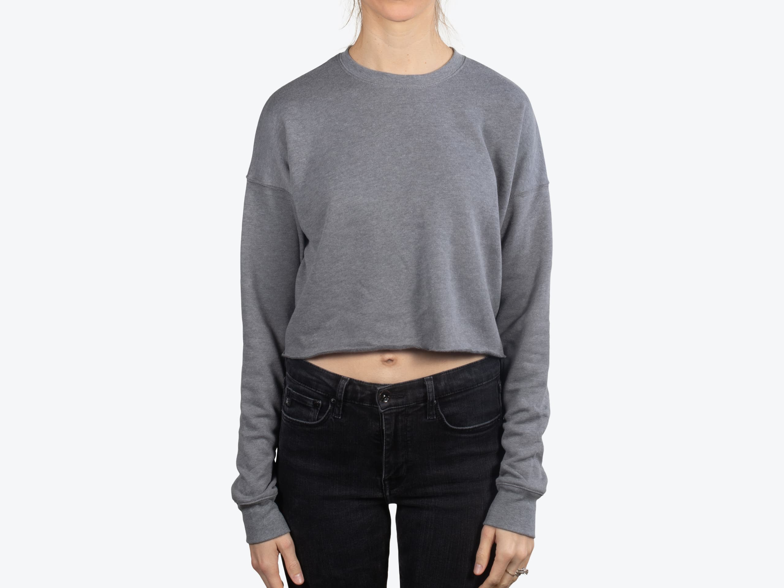 Bella+Canvas 7503 Women's Cropped Crew Fleece in Deep Heather (model:female, size:small, view:front)