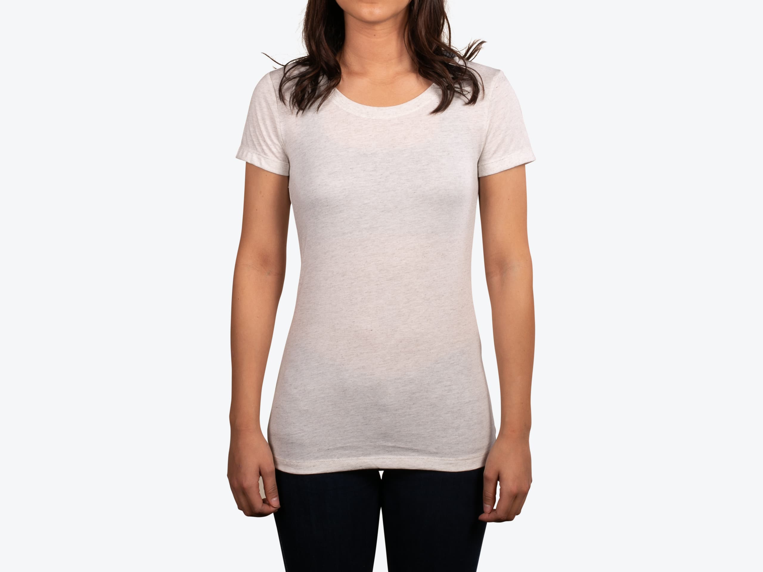 Bella+Canvas 8413 Women's Triblend Short-Sleeve Tee in Oatmeal Triblend (model:female, size:small, view:front)