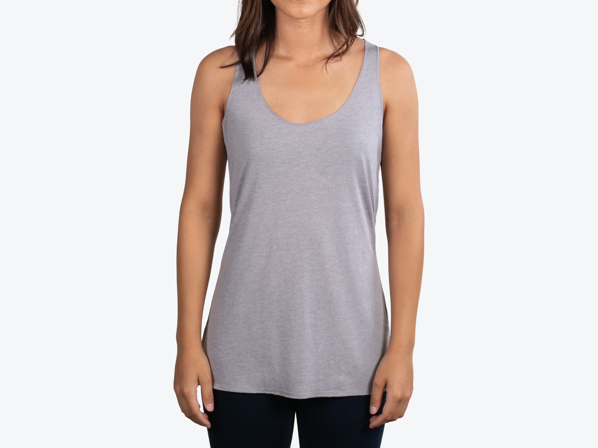 Bella+Canvas 8430 Triblend Racerback Tank in Athletic Grey Triblend (model:female, size:small, view:front)