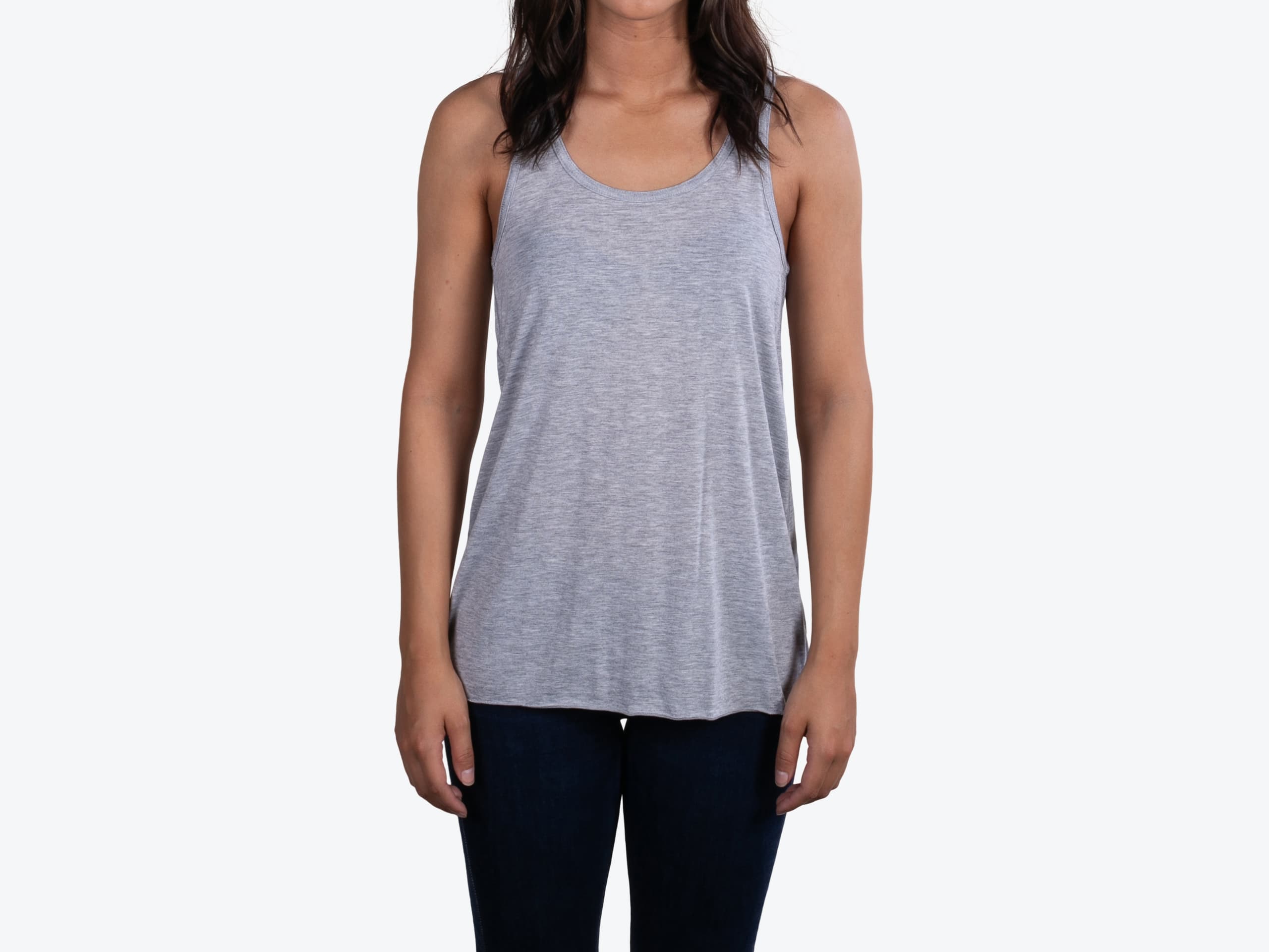 Bella+Canvas 8800 Flowy Racerback Tank in Athletic Heather (model:female, size:small, view:front)