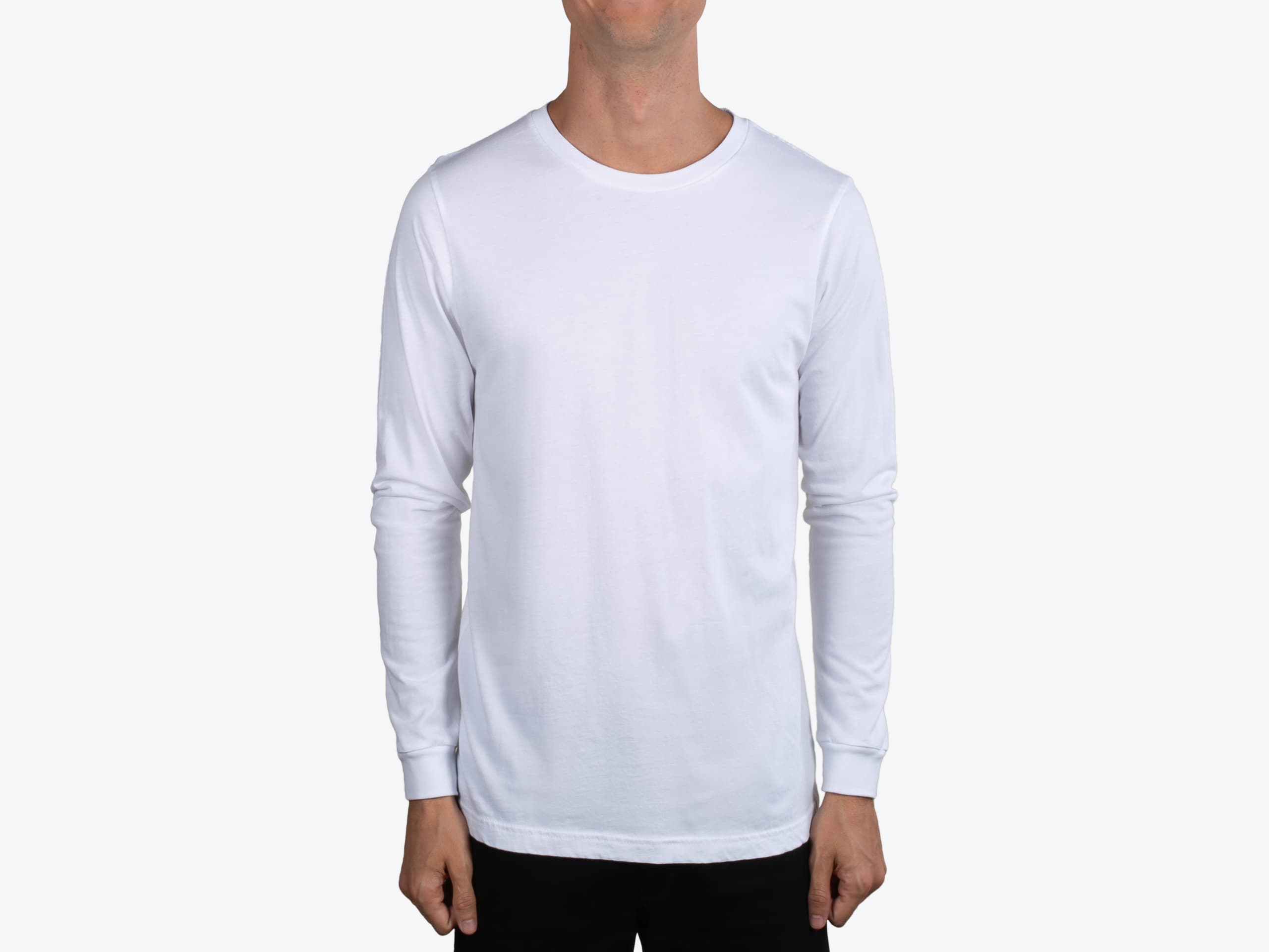 Bella+Canvas 3501 Unisex Long Sleeve Jersey Tee in White (model:male, size:medium, view:front)