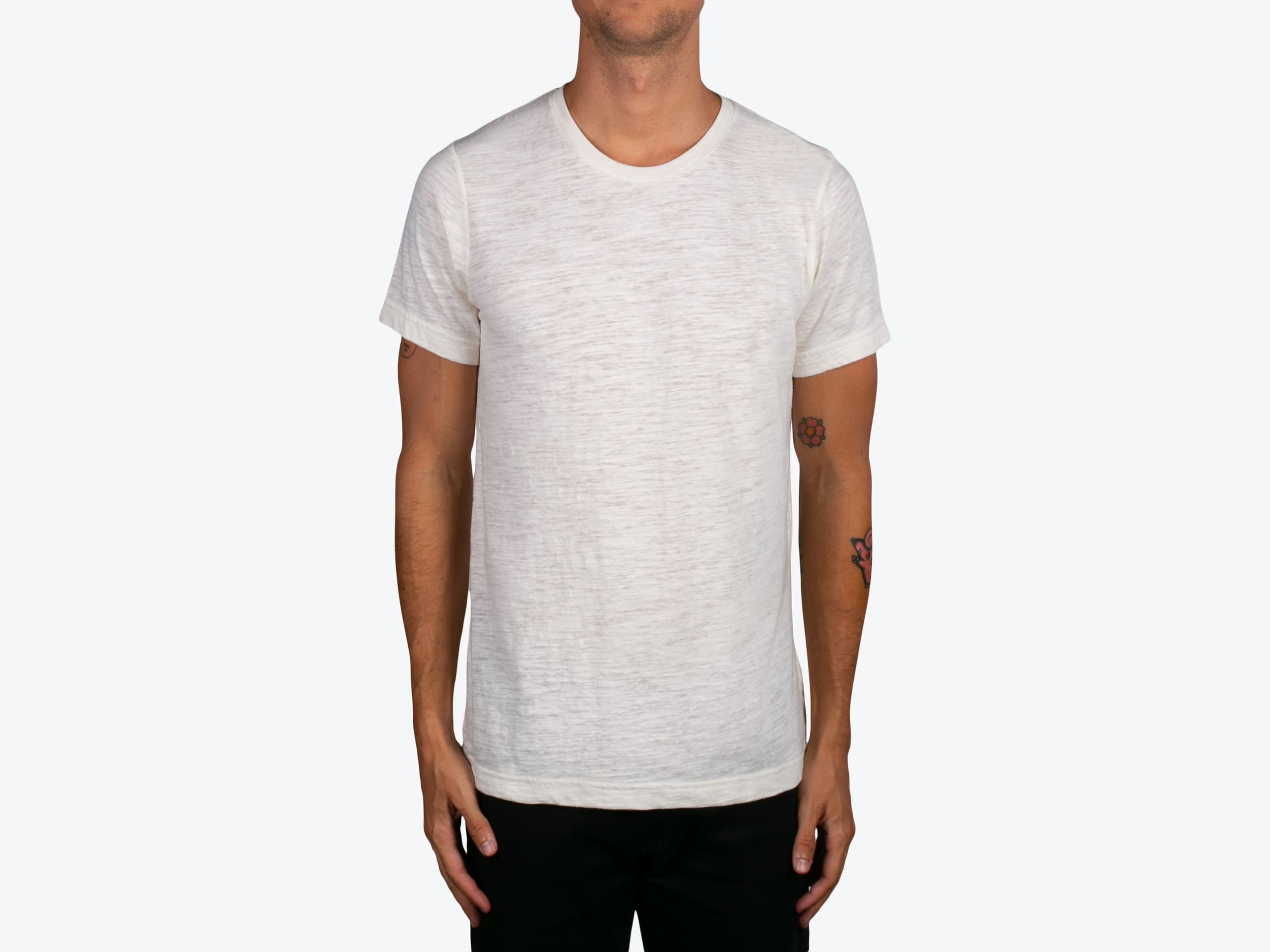 Bella+Canvas 3650 Unisex Poly/Cotton Short Sleeve Tee in White Marble (model:male, size:medium, view:front)