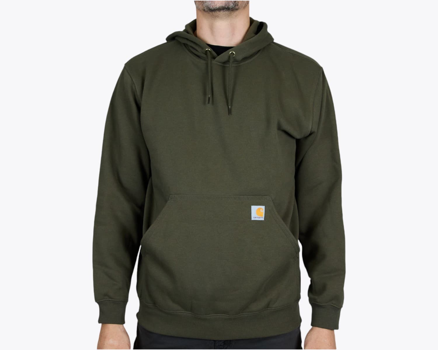 Carhartt CTK121 Midweight Hooded Sweatshirt in Moss (model:male, size:large, view:front)