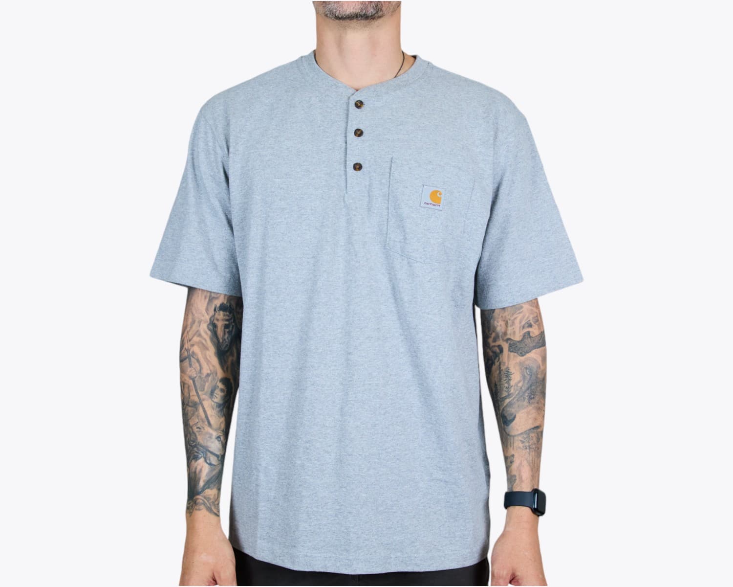 Carhartt CTK84 Short Sleeve Henley T-Shirt in Heather Grey (model:male, size:large, view:front)
