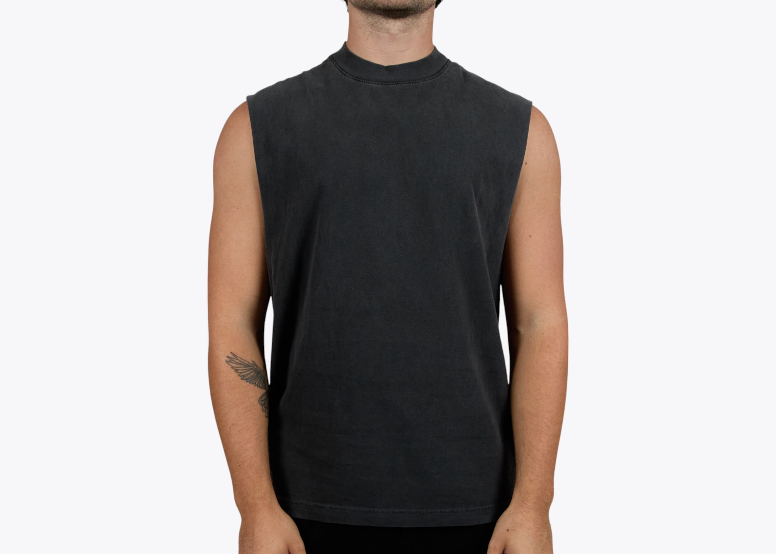 Los Angeles Apparel 1865GD Sleeveless Tee 6.5oz in Vintage Black (model:male, size:medium, view:front)