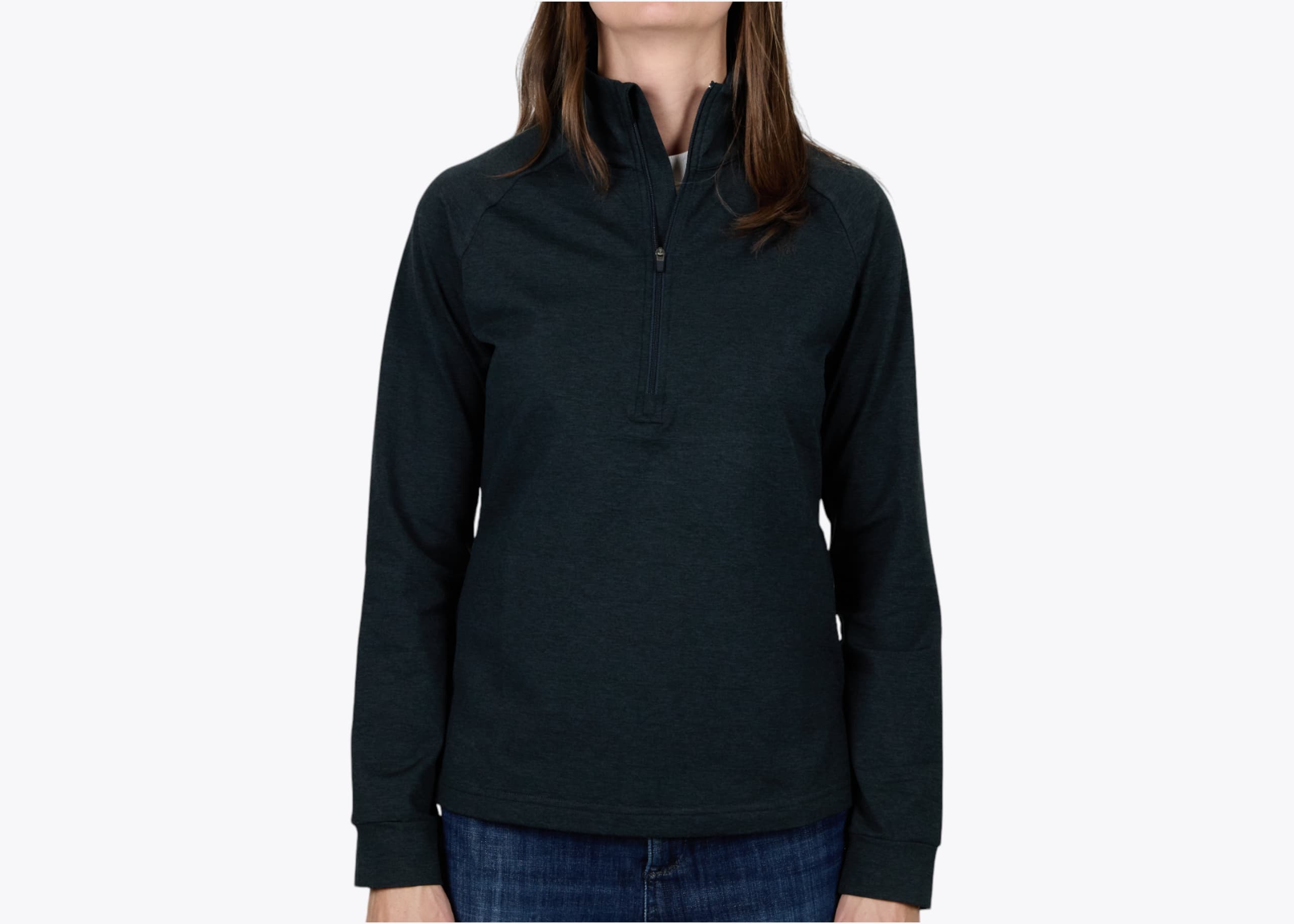 Marine Layer AWQZRRS Women's Re-Spun Sport Quarter Zip in Charcoal (model:female, size:small, view:front)