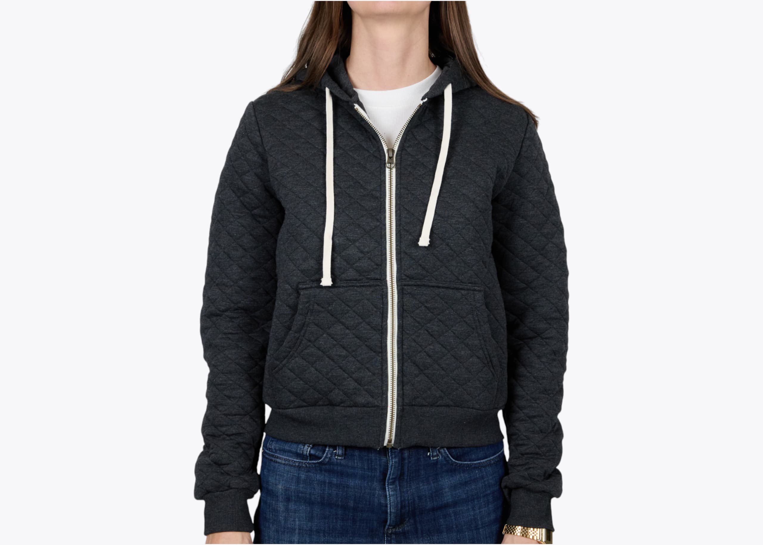 Marine Layer WCFZH Women's Corbet Quilted Full Zip Hoodie in Dark Heather Grey (model:female, size:medium, view:front)