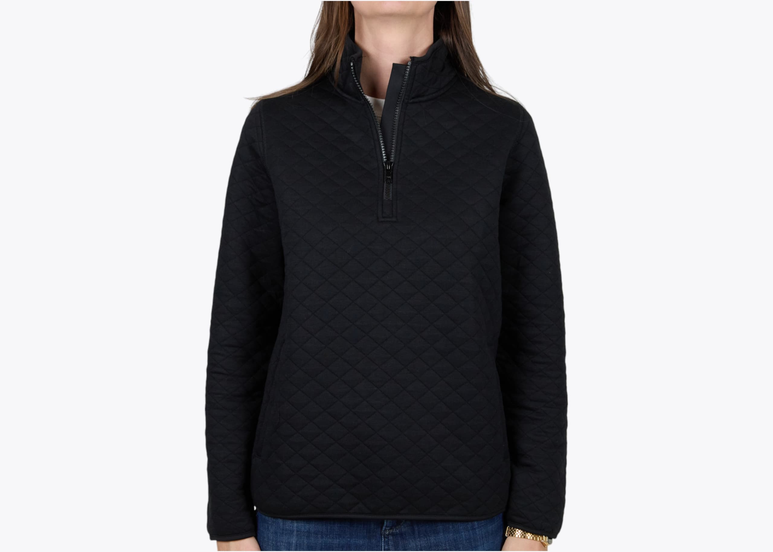 Marine Layer WCQP Women's Corbet Quarter Zip Pullover in Black (model:female, size:small, view:front)