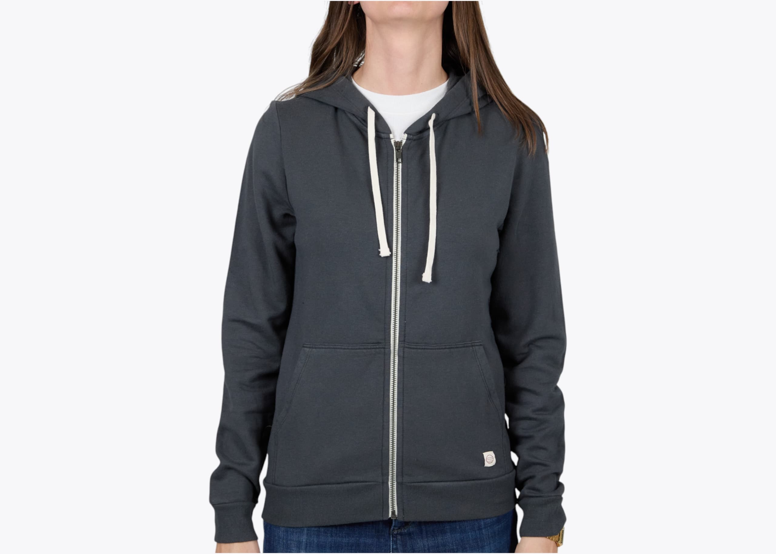 Marine Layer WLHZR Women's Afternoon Zip Hoodie in Asphalt (model:female, size:small, view:front)