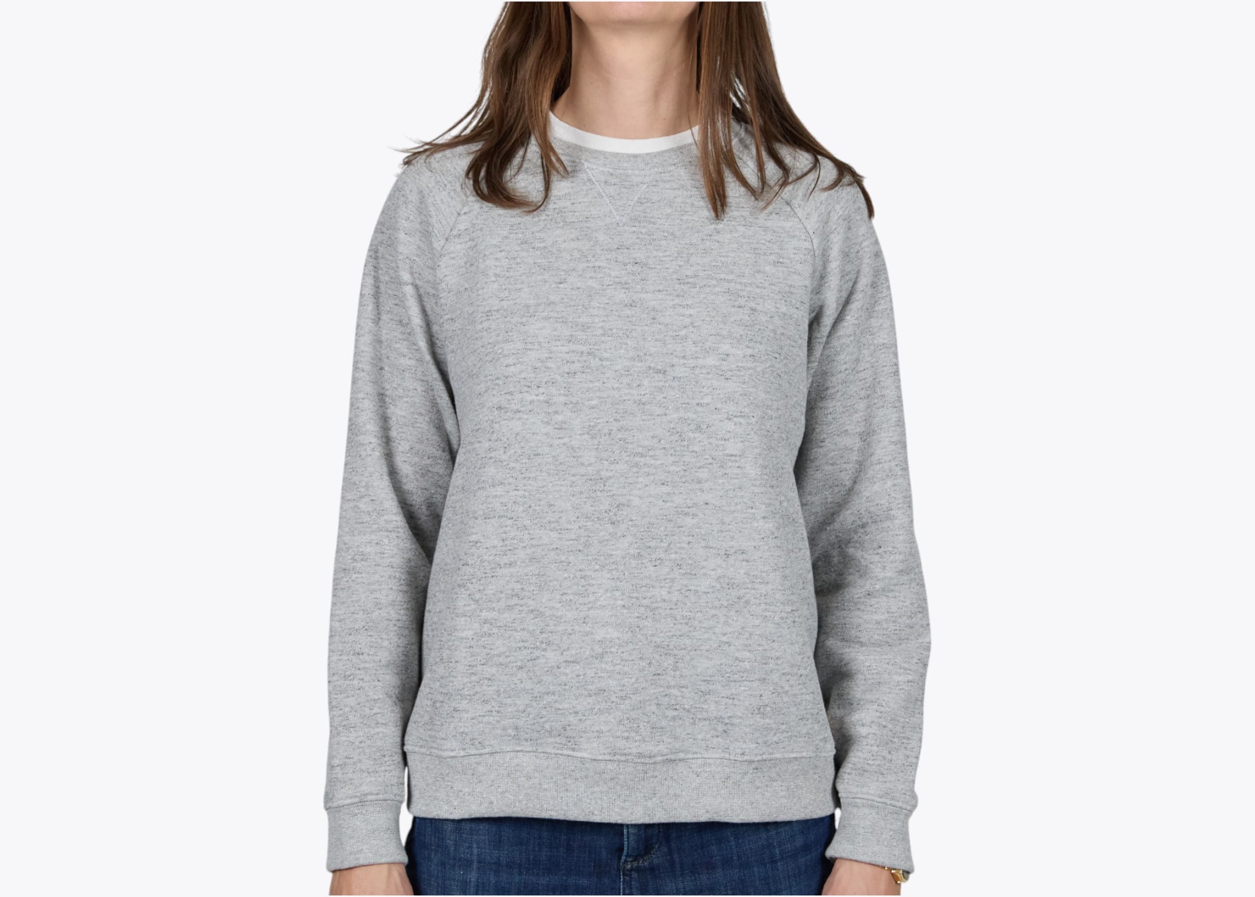 Marine Layer WRSS4 Women's Sherpa Crew Pullover in Heather Grey (model:female, size:small, view:front)