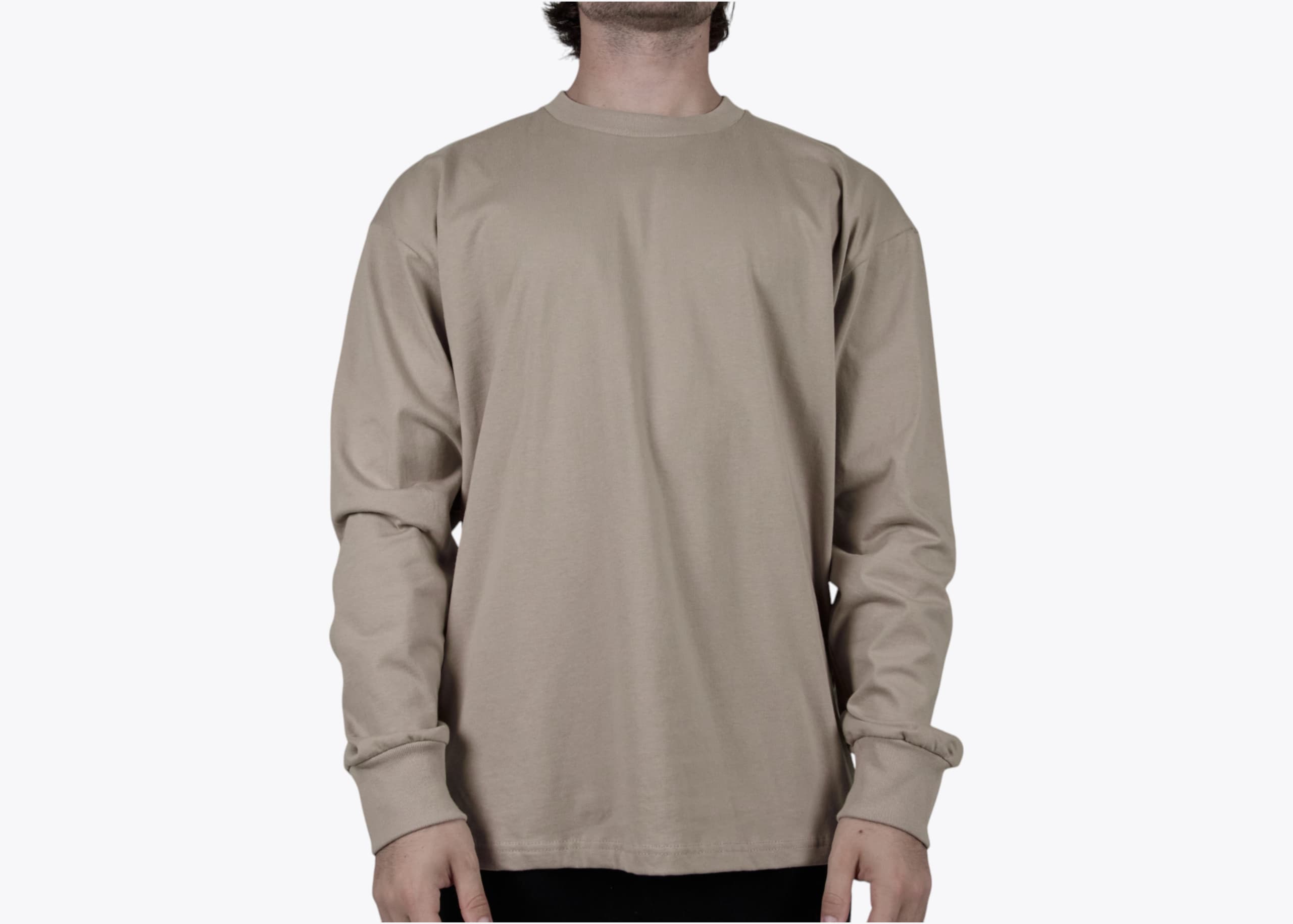 Next Level Apparel 7211 Heavyweight Cotton Long Sleeve T-Shirt in Tan (model:male, size:medium, view:front)