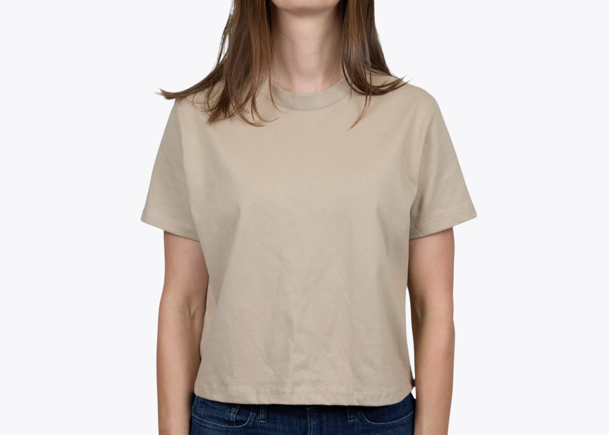 Next Level Apparel 7610 Women's Heavyweight Boxy T-Shirt in Tan (model:female, size:small, view:front)