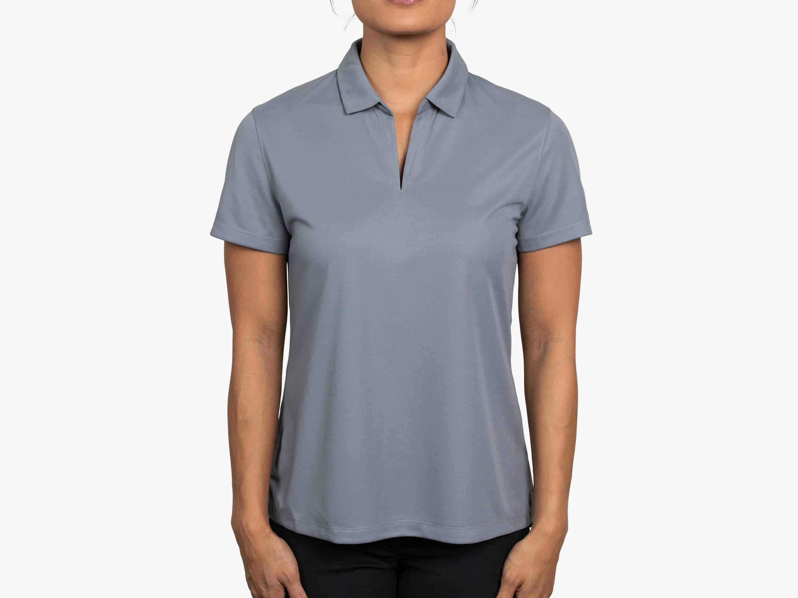 Nike NKDC1991 Ladies Dri-FIT Micro Pique 2.0 Polo in Cool Grey (model:female, size:medium, view:front)