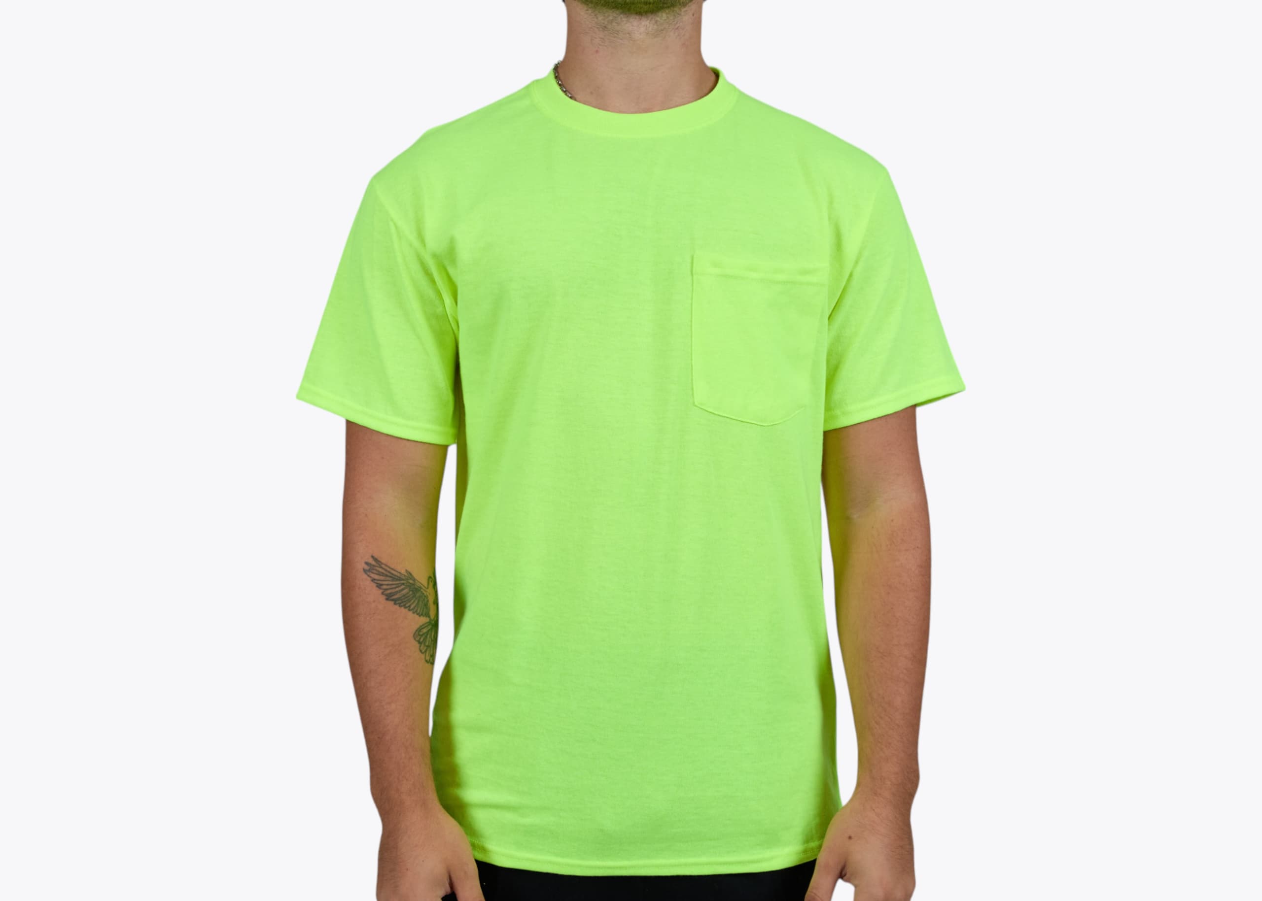 Port & Company PC55P Core Blend Pocket Tee in Safety Green (model:male, size:medium, view:front)