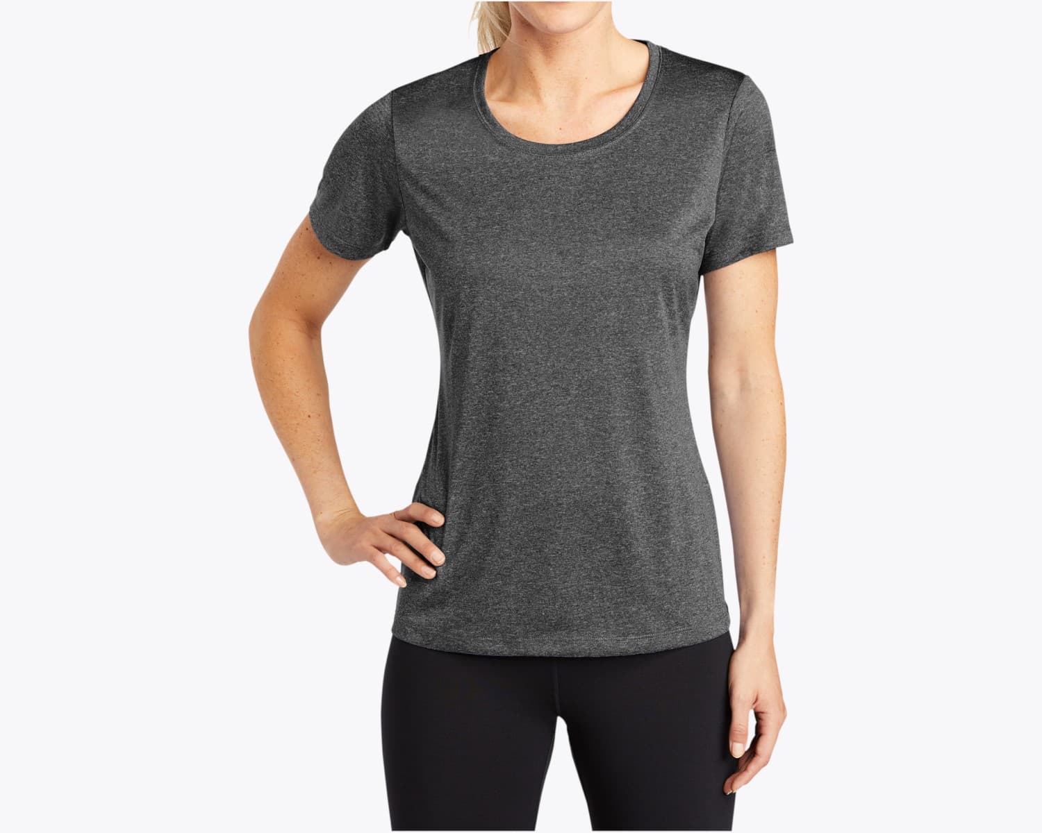 Sport-Tek LST360 Ladies Heather Contender Scoop Neck Tee in Graphite Heather (size:small, view:front)