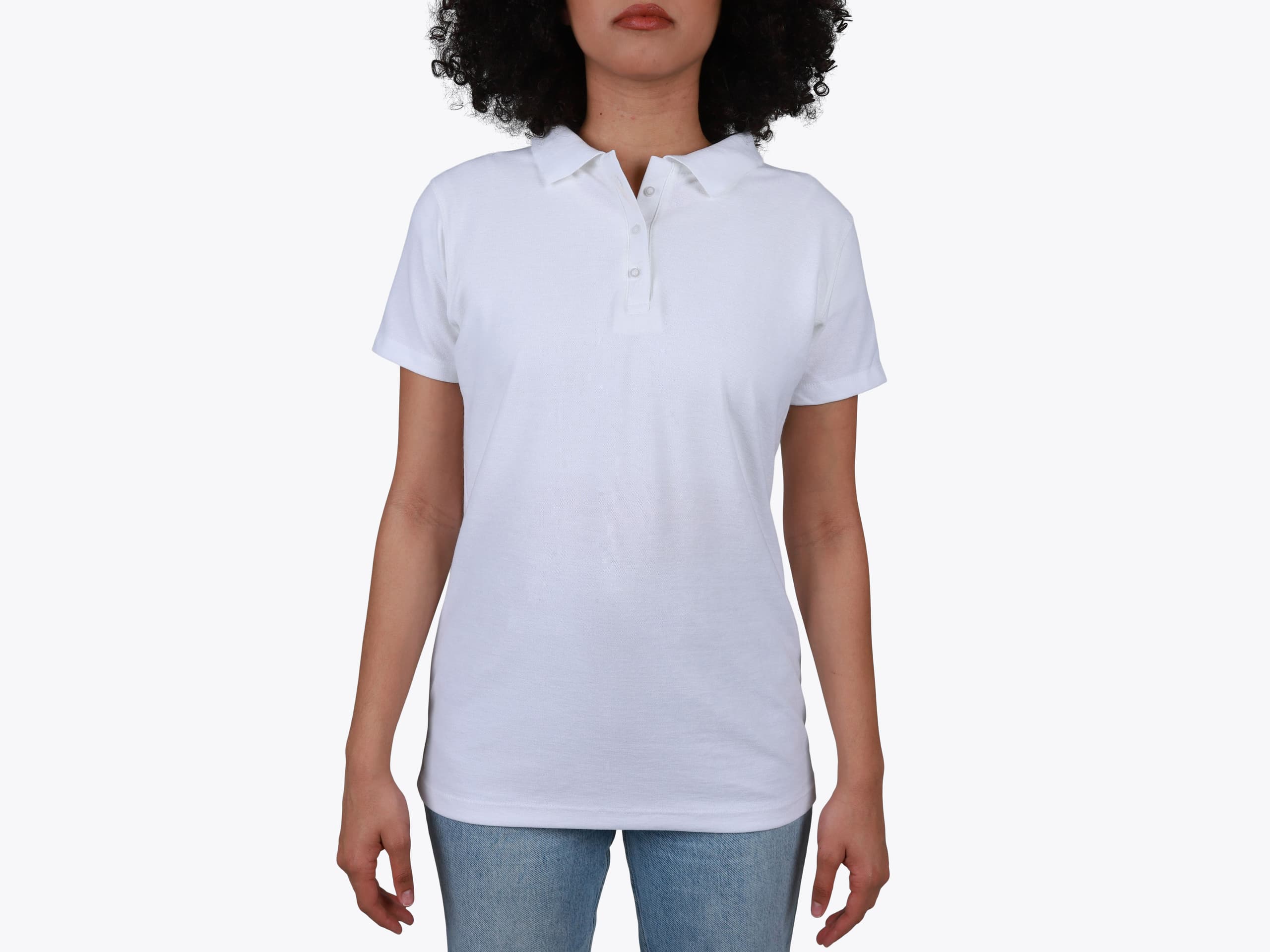 Tultex 401 Women's 50/50 Sport Polo in White (model:female, size:medium, view:front)